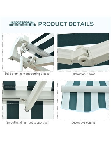 Outsunny 3m x 2.5m Garden Patio Manual Awning Canopy Sun Shade Shelter with Winding Handle Retractable - Green/White 100110-007G