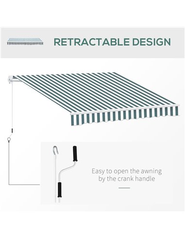 Outsunny 2.5m x 2m Garden Patio Manual Awning Canopy Sun Shade Shelter Retractable with Winding Handle Green White 100110-005GW