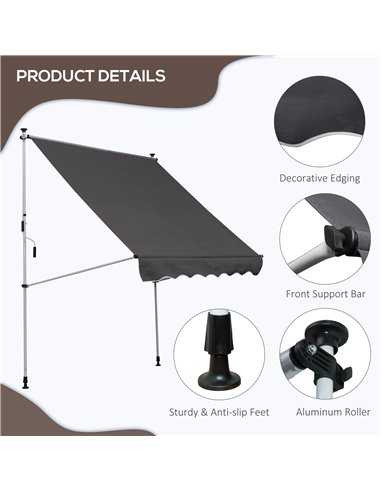 Outsunny Balcony 2 x 1.5m Manual Adjustable Awning DIY Patio Clamp Awning Canopy  Retractable Shade Shelter - Grey 840-182GY
