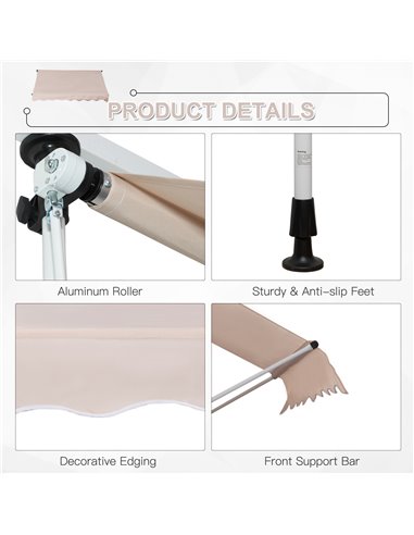 Outsunny 2x1.5m Garden Patio Manual Awning Canopy Sun Shade Shelter Adjustable Aluminium Frame Awning Beige 840-182CW