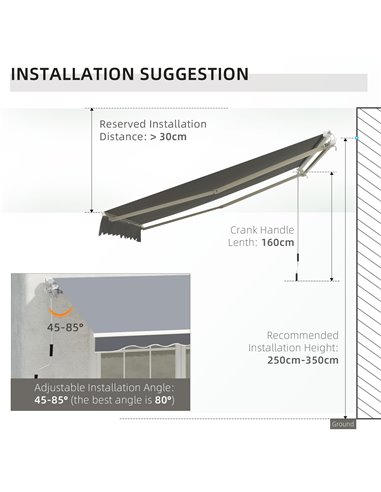 Outsunny 2.5m x 2m Garden Patio Manual Awning Canopy Sun Shade Shelter Retractable with Winding Handle Grey 840-204