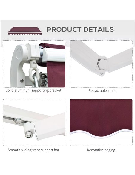 Outsunny 3x4m Garden Patio Retractable Manual Awning Window Door Sun Shade Canopy with Fittings and Crank Handle Wine Red 840-19 - pic 44596 | FastDaddyshop