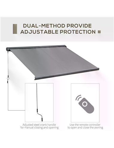 Outsunny Cassette Electric Motorised Manual Awning Door Window Patio Canopy Retractable Sun Shade w/ R/C & LED, 300x250cm Grey 8