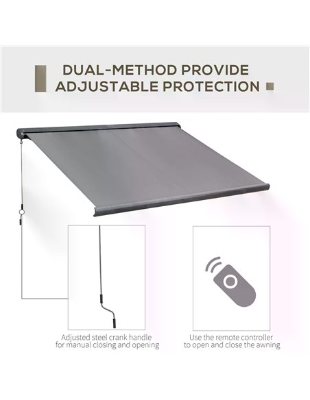 Outsunny Cassette Electric Motorised Manual Awning Door Window Patio Canopy Retractable Sun Shade w/ R/C & LED, 300x250cm Grey 8 - pic 44611 | FastDaddyshop