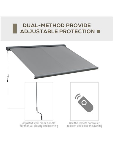 Outsunny Retractable Manual Awning Cassette Electric Motorised Door Window Patio Canopy Sun Shade w/ R/C & LED, 350 x 300cm, Gre