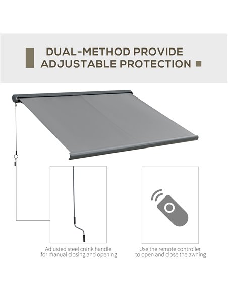 Outsunny Retractable Manual Awning Cassette Electric Motorised Door Window Patio Canopy Sun Shade w/ R/C & LED, 350 x 300cm, Gre - pic 44620 | FastDaddyshop