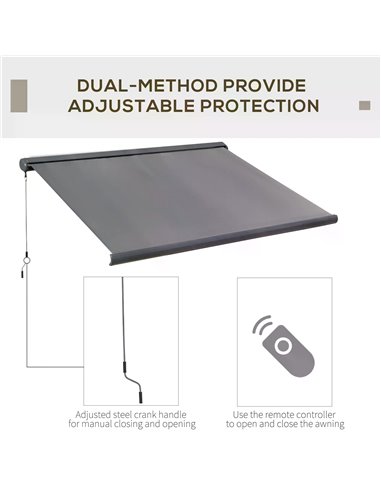 Outsunny Cassette Electric Motorised Manual Awning Door Window Patio Canopy Retractable Sun Shade w/ R/C, 300x250cm Grey 840-226
