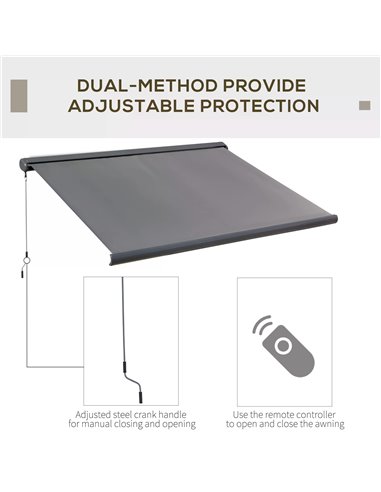 Outsunny Cassette Electric Motorised Manual Awning Door Window Patio Canopy Retractable Sun Shade w/ R/C, 350x300cm Grey 840-226