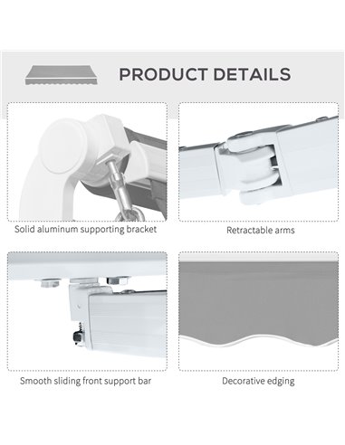 Outsunny 4x2.5m Retractable Manual Awning Window Door Sun Shade Canopy with Fittings and Crank Handle Light Grey 840-177V01LG