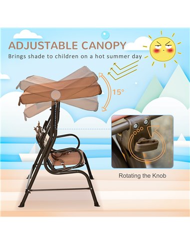 Outsunny 2-Seat Kids Canopy Swing, Children Outdoor Patio Lounge Chair, for Garden Porch, with Adjustable Awning, Seat Belt, Mon