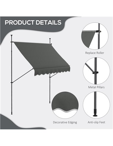 Outsunny 2.5 x 1.2m Retractable Awning, Free Standing Patio Sun Shade Shelter, UV Resistant, for Window and Door, Dark Grey 840-