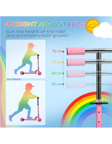 HOMCOM Kids Scooter with Lights, Music, Adjustable Height, Folding Frame, LED Wheels, for 3-7 Years Old, Pink