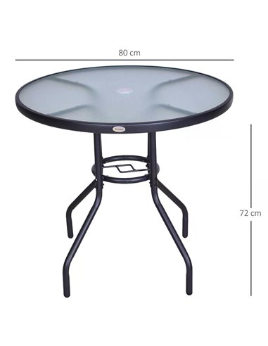 Outsunny Outdoor Round Dining Table Tempered Glass Top Steel Garden Table w/ Parasol Hole 80cm 84B-309