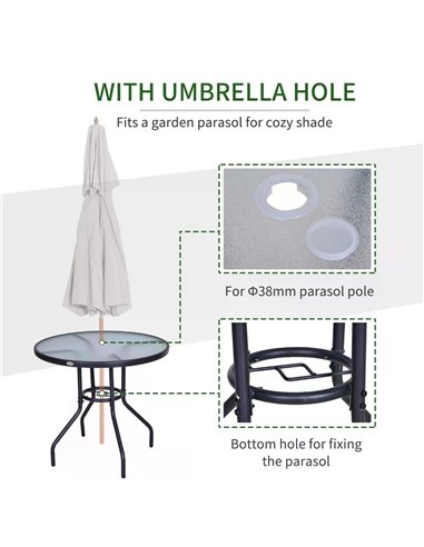 Outsunny Outdoor Round Dining Table Tempered Glass Top Steel Garden Table w/ Parasol Hole 80cm 84B-309