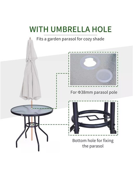 Outsunny Outdoor Round Dining Table Tempered Glass Top Steel Garden Table w/ Parasol Hole 80cm 84B-309 - pic 44989 | FastDaddyshop