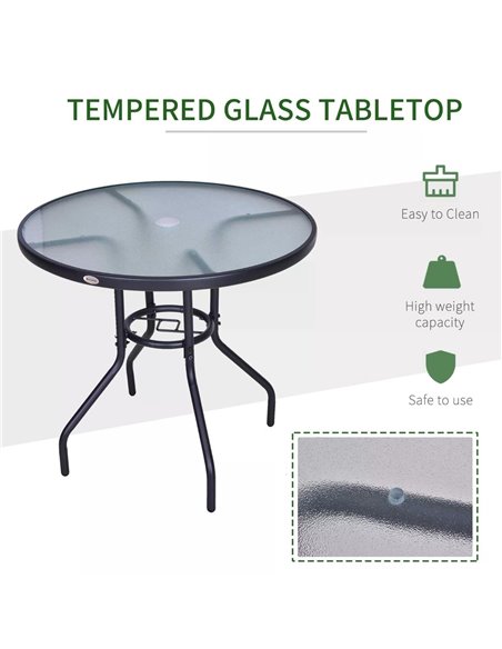 Outsunny Outdoor Round Dining Table Tempered Glass Top Steel Garden Table w/ Parasol Hole 80cm 84B-309 - pic 44990 | FastDaddyshop