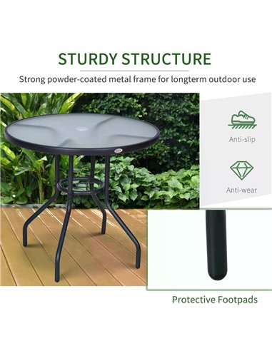Outsunny Outdoor Round Dining Table Tempered Glass Top Steel Garden Table w/ Parasol Hole 80cm 84B-309