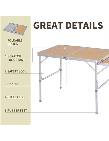 Outsunny Aluminium Pincic Table MDF-Top 3ft Folding Portable Outdoor Table Silver 84B-400V01