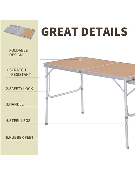 Outsunny Aluminium MDF-Top 4ft Folding Portable Outdoor Table Silver 84B-400 - pic 45010 | FastDaddyshop