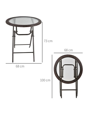 Outsunny Folding Round Tempered Glass Metal Table with Brown Rattan Edging 861-036