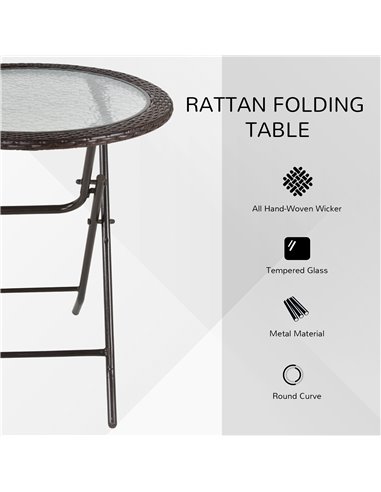Outsunny Folding Round Tempered Glass Metal Table with Brown Rattan Edging 861-036