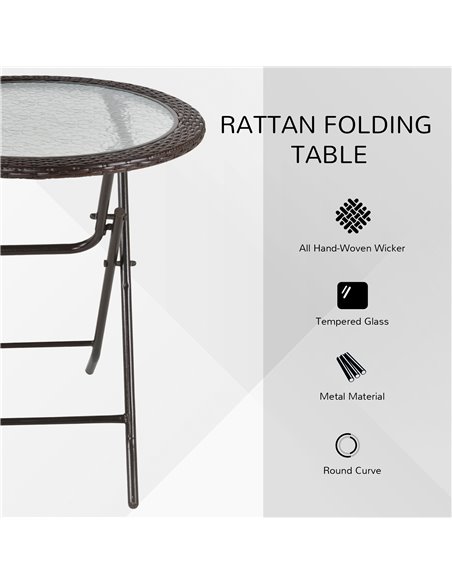 Outsunny Folding Round Tempered Glass Metal Table with Brown Rattan Edging 861-036 - pic 45061 | FastDaddyshop
