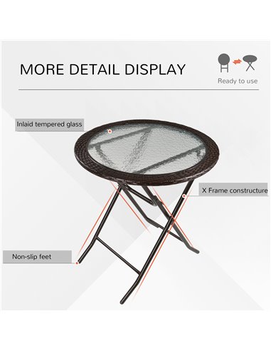 Outsunny Folding Round Tempered Glass Metal Table with Brown Rattan Edging 861-036