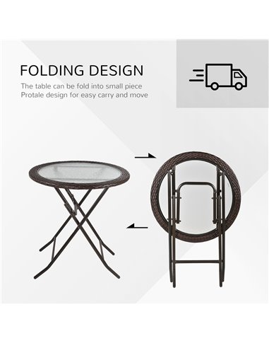 Outsunny Folding Round Tempered Glass Metal Table with Brown Rattan Edging 861-036