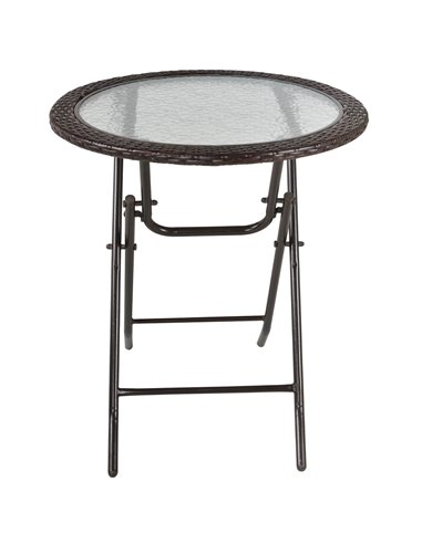 Outsunny Folding Round Tempered Glass Metal Table with Brown Rattan Edging 861-036