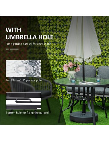 Outsunny 106cm Round Garden Dining Table with Parasol Hole Tempered Glass Top Steel Frame 84B-777