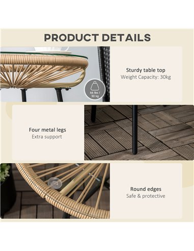 Outsunny Rattan Side Table, Round Outdoor Coffee Table, with Round PE Rattan and Tempered Glass Table Top for Patio, Garden, Bal