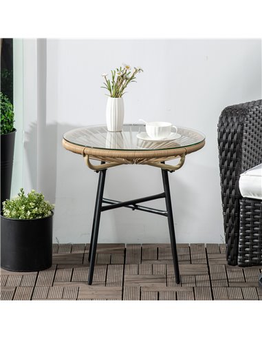 Outsunny Rattan Side Table, Round Outdoor Coffee Table, with Round PE Rattan and Tempered Glass Table Top for Patio, Garden, Bal