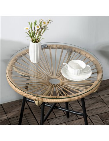 Outsunny Rattan Side Table, Round Outdoor Coffee Table, with Round PE Rattan and Tempered Glass Table Top for Patio, Garden, Bal