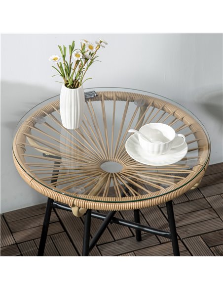 Outsunny Rattan Side Table, Round Outdoor Coffee Table, with Round PE Rattan and Tempered Glass Table Top for Patio, Garden, Bal - pic 45120 | FastDaddyshop
