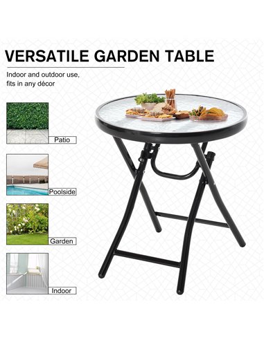 Outsunny Foldable Garden Table, Round Folding Table with Glass Tabletop and Safety Buckle for Patio, Garden, Outdoor, Indoor, Bl
