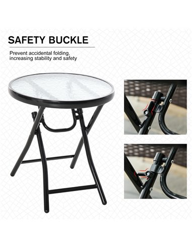 Outsunny Foldable Garden Table, Round Folding Table with Glass Tabletop and Safety Buckle for Patio, Garden, Outdoor, Indoor, Bl