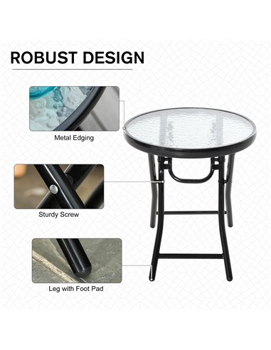 Outsunny Foldable Garden Table, Round Folding Table with Glass Tabletop and Safety Buckle for Patio, Garden, Outdoor, Indoor, Bl