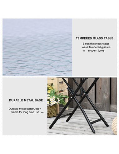 Outsunny Foldable Garden Table, Round Folding Table with Glass Tabletop and Safety Buckle for Patio, Garden, Outdoor, Indoor, Bl