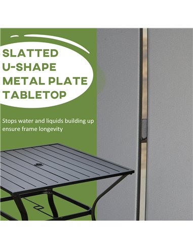 Outsunny Garden Table with Parasol Hole, Outdoor Dining Garden Table for Four, Square Patio Table with Slatted Metal Plate Top, 