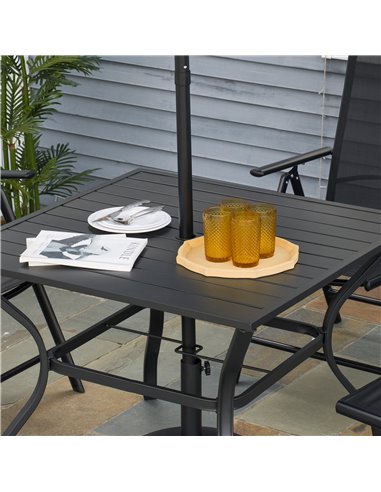 Outsunny Garden Table with Parasol Hole, Outdoor Dining Garden Table for Four, Square Patio Table with Slatted Metal Plate Top, 