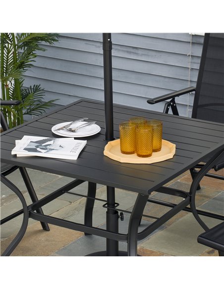 Outsunny Garden Table with Parasol Hole, Outdoor Dining Garden Table for Four, Square Patio Table with Slatted Metal Plate Top,  - pic 45163 | FastDaddyshop