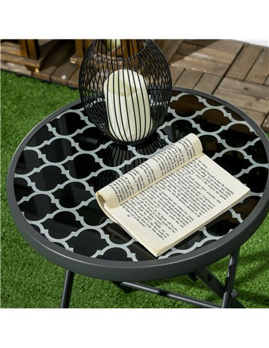 Outsunny Φ45cm Outdoor Side Table, Round Folding Patio Table with Imitation Marble Glass Top, Small Coffee Table, Black 84G-260V