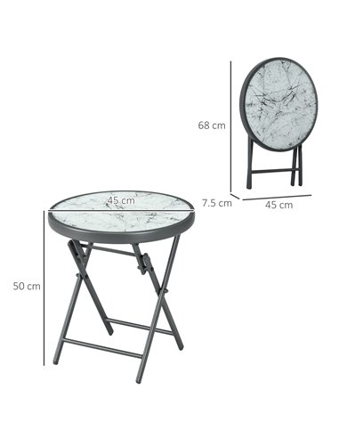 Outsunny Φ45cm Outdoor Side Table, Round Folding Patio Table with Imitation Marble Glass Top, Small Coffee Table, White 84G-260V