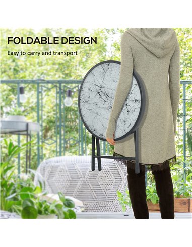 Outsunny Φ45cm Outdoor Side Table, Round Folding Patio Table with Imitation Marble Glass Top, Small Coffee Table, White 84G-260V