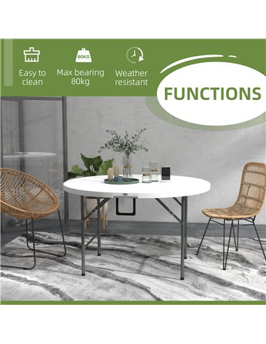 Outsunny Φ122 Folding Garden Table, Outdoor HDPE Round Picnic Table for 6, Patio Table with Metal Frame, White 84G-288V00WT
