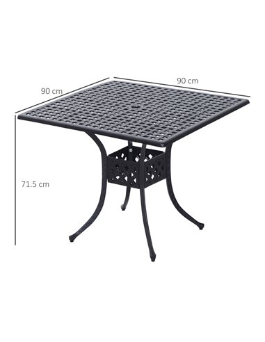 Outsunny 90cm Square Garden Table with Umbrella Hole, Aluminium Grid Motif Outdoor Dining Table for Garden Patio, Black 84B-020