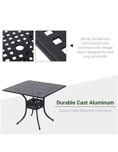 Outsunny 90cm Square Garden Table with Umbrella Hole, Aluminium Grid Motif Outdoor Dining Table for Garden Patio, Black 84B-020