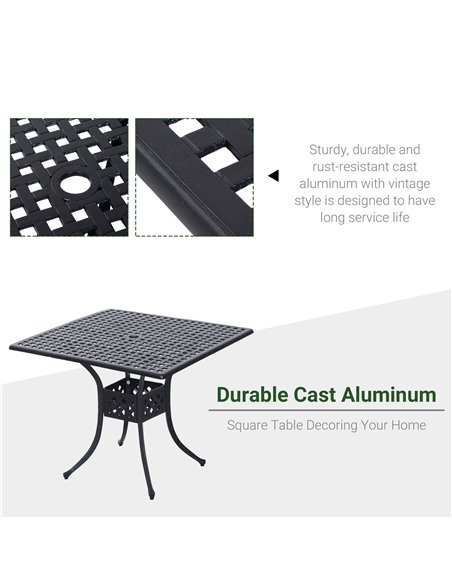 Outsunny 90cm Square Garden Table with Umbrella Hole, Aluminium Grid Motif Outdoor Dining Table for Garden Patio, Black 84B-020 - pic 45223 | FastDaddyshop