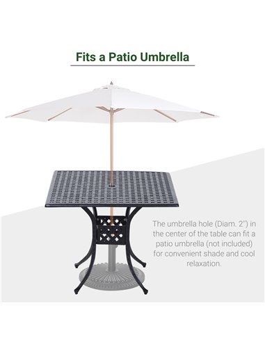 Outsunny 90cm Square Garden Table with Umbrella Hole, Aluminium Grid Motif Outdoor Dining Table for Garden Patio, Black 84B-020