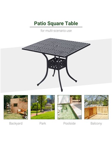 Outsunny 90cm Square Garden Table with Umbrella Hole, Aluminium Grid Motif Outdoor Dining Table for Garden Patio, Black 84B-020